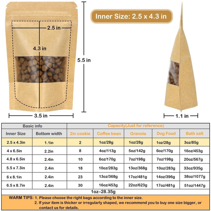 Blisstime Stand Up Pouches, 50 Pack Kraft Paper Bags with Matte Window and Tear Notch Resealable Bags for Small Business Home Use (2.5 x 4.3 Inches) - Image 2